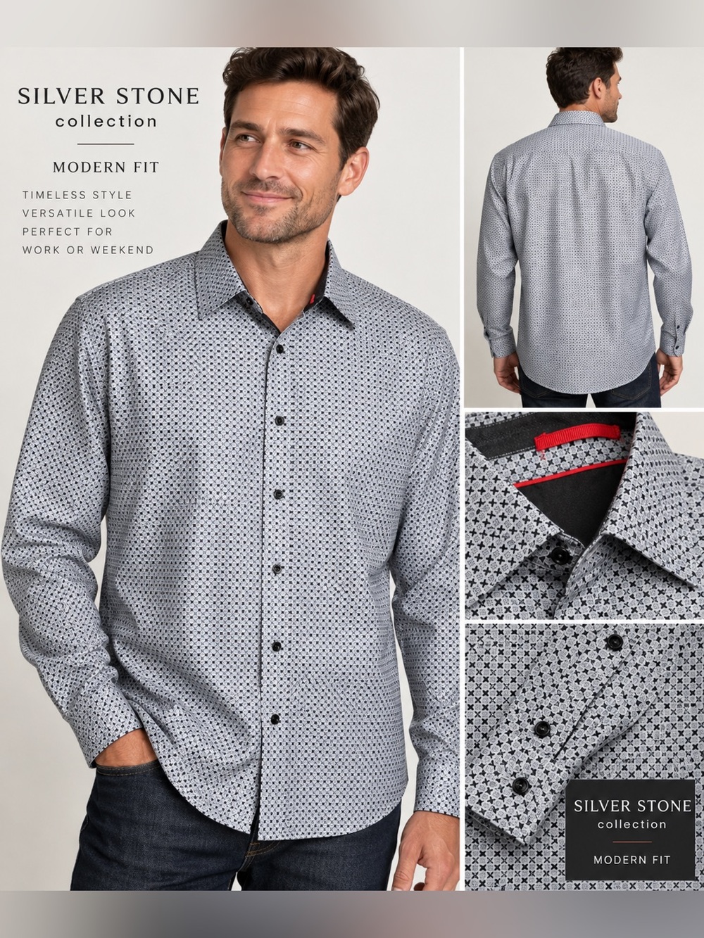 Silver Stone Modern-Fit Men's Gray Patterned Dress Shirt